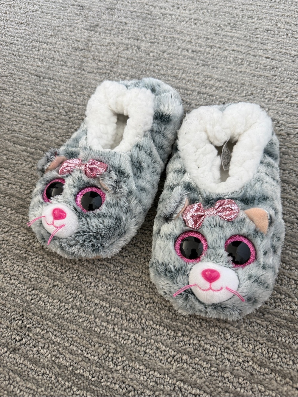 Ty Gray Plush Cat Slippers with Pink Accents